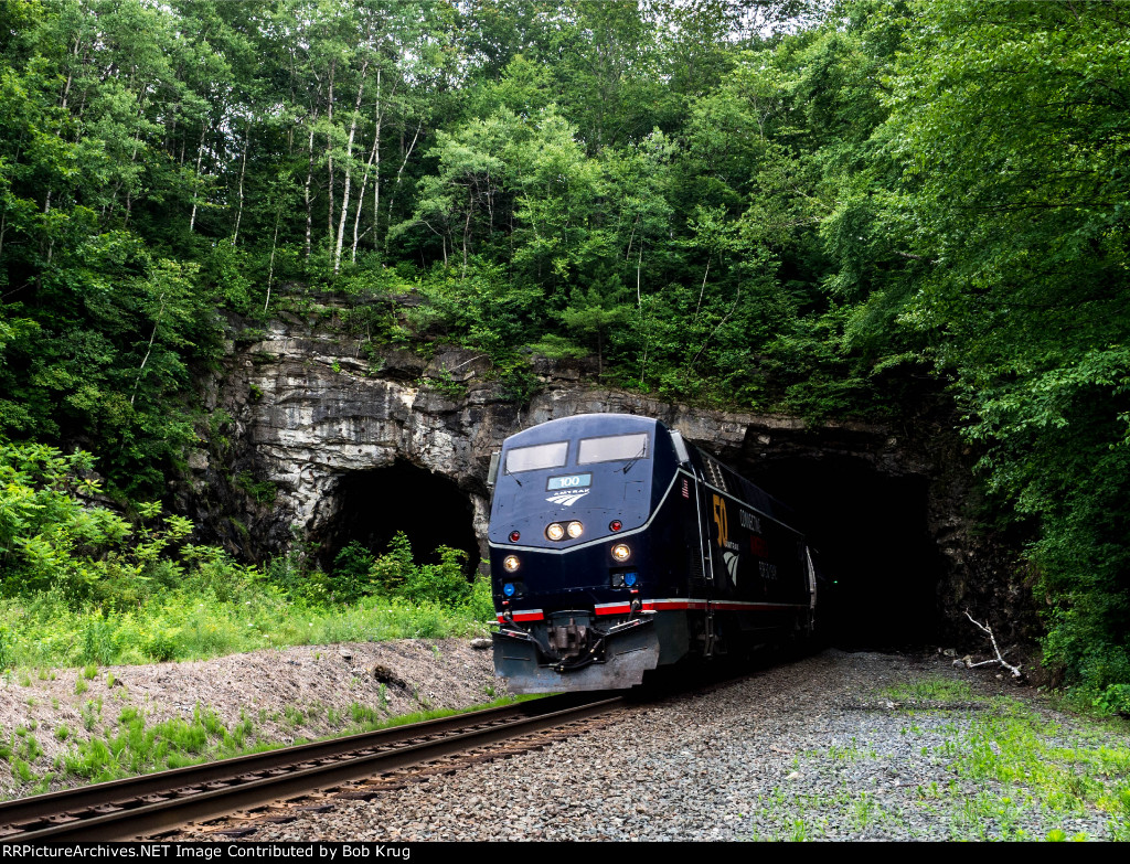 The 50th anniversary Midnight Blue unit leads the westbound / revenue run of the Berkshire Flyer out of State Line Tunnel